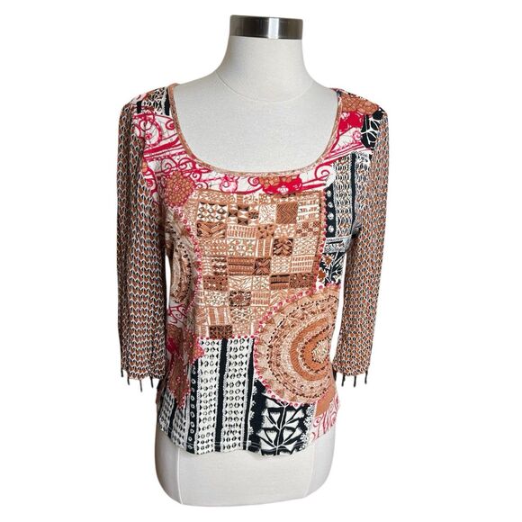Bila Top Womens Petite Large Y2k Geometric Beaded 3/4 Sheer Sleeves Square Neck - Picture 1 of 9